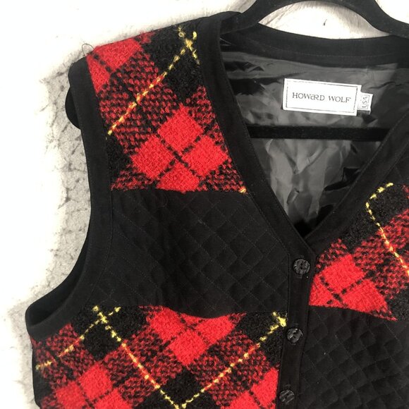 Howard Wolf Vest Womens 16 Plaid Quilted Wool Suede Button Up Vintage Style - Picture 8 of 11